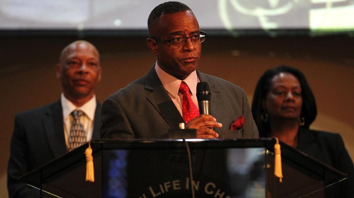 Stanley Franklin, president of the East St. Louis NAACP speaks during the Metro-East community prayer vigil in this file photo. He was suspended from his role by the national office Friday.
