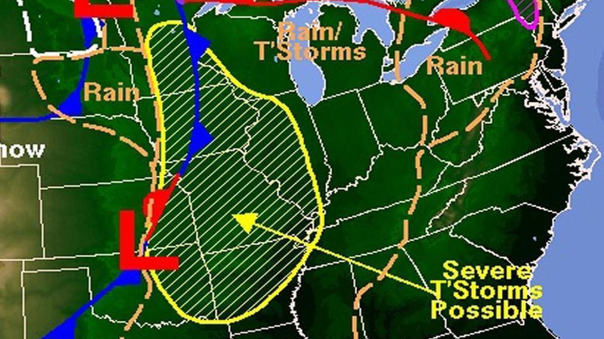 A National Weather Service map late Monday afternoon shows the area of possibly severe storms over the metro-east and much of the rest of the Midwest.