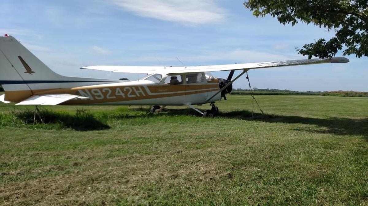 A plane is anchored to the ground on the east end of the landing strip at Belleville’s Flying Dutchman airport on Illinois 15 near Belleville West Parkway. The air strip is up for sale.