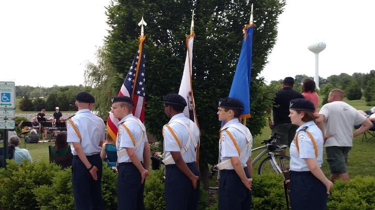 
Members of the O’Fallon Township High School Junior Air Force ROTC presented the colors at the Memorial Day ceremony at the O’Fallon Veterans’ Monument Monday.
