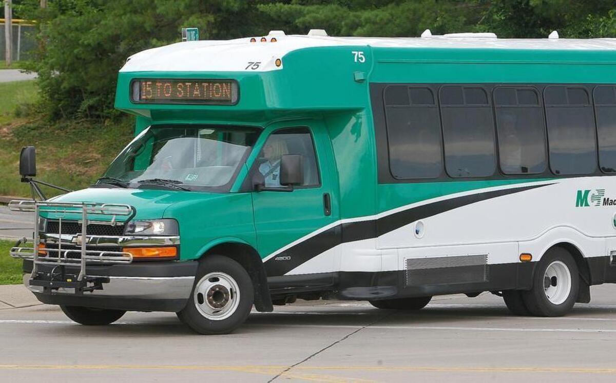 
A Madison County Transit bus swings onto Pine Lake Road from Olive Street in Collinsville.

