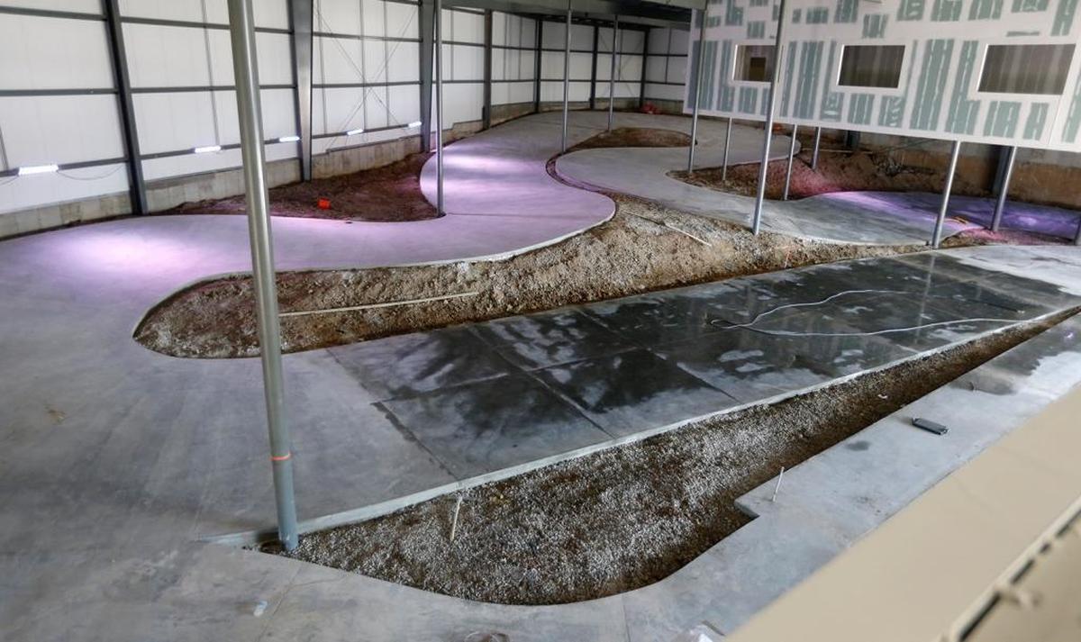 An overhead view of part of the new indoor go-kart track being built at The Edge in Belleville.