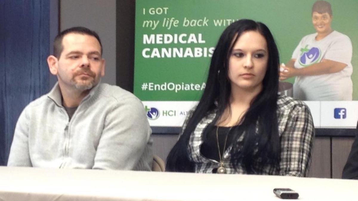 Michele Lazor participates in a news conference about the benefits of medical cannabis in treating opioid addiction.