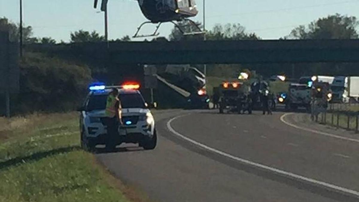 A medical helicopter at the scene of the crash.