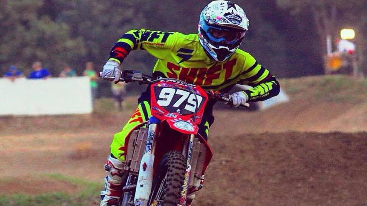 Tyler Brandenburger on his dirt bike during a competition. The 20-year-old broke his right leg when he crashed during a competition Sunday, and it subsequently had to be amputed above the knee.