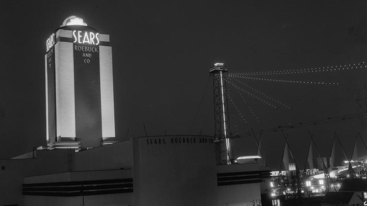 Exterior night view of the Sears Roebuck Building at the Century of Progress International Exposition, Chicago, Illinois, 1933.