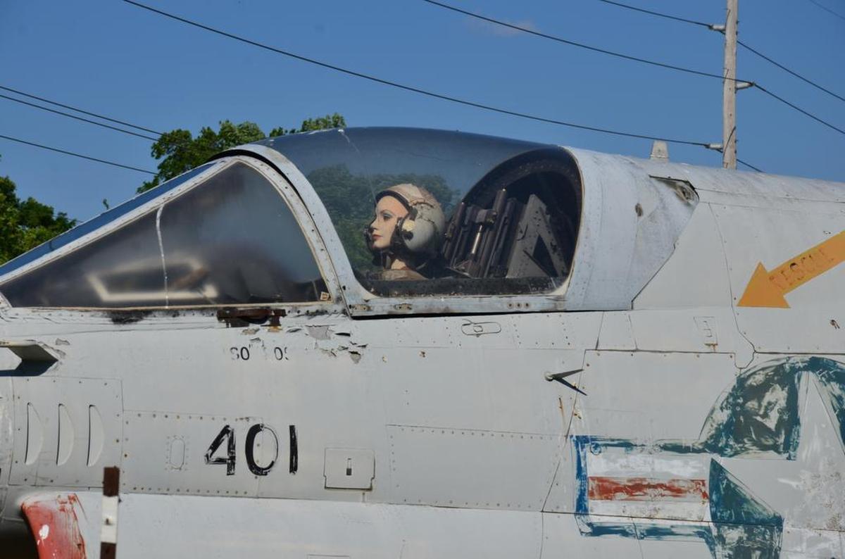 Mabel the Pilot sits on a stack of 1991 phone books in the cockpit of the Corsair at Airplane Park, which is what Edwardsville residents tend to call Robert Stille Township Park. The plane is undergoing restoration after 26 years on display in the park.
