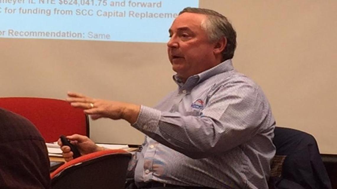 MidAmerica St. Louis Airport Director Tim Cantwell on Thursday addresses the St. Clair County Public Building Commission, which approved an $18,477 bonus for him.