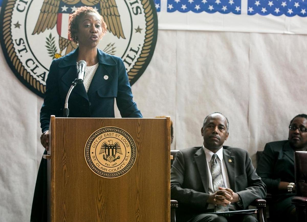 East St. Louis Mayor Emeka Jackson-Hicks introduces U.S. Housing and Urban Development Secretary Ben Carson during his visit to East St. Louis on Thursday. The East St. Louis Public Housing Authority has been under HUD receivership since 1985. HUD and East St. Louis have entered into a Transition Agreement that allows for a HUD Oversight Administrator to take an advisory role in the East St. Louis Housing Authority for the next 2 years.