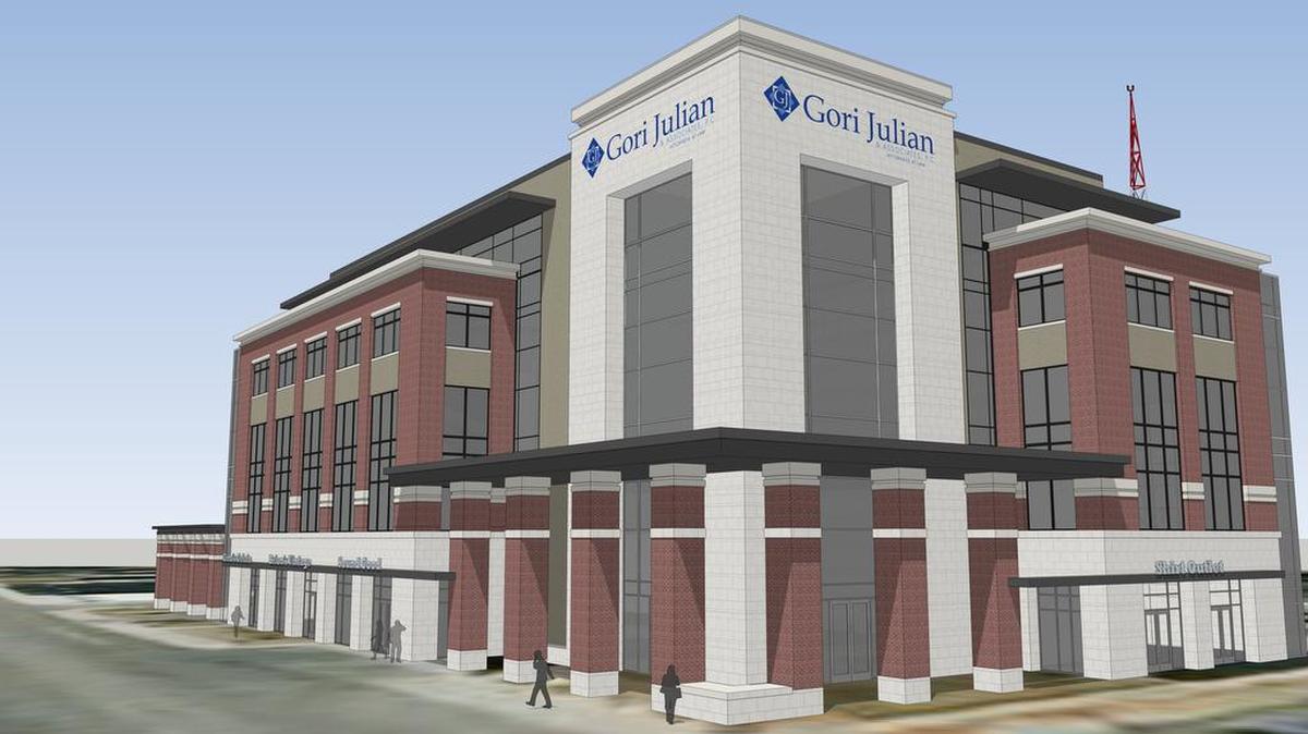 An artist’s rendering of the five-story, 70,000-square-foot building that Gori Properties plans to build at the corner of North Main and East High streets in downtown Edwardsville. It will house retail stores on the ground floor and law offices on the second through fifth floors.