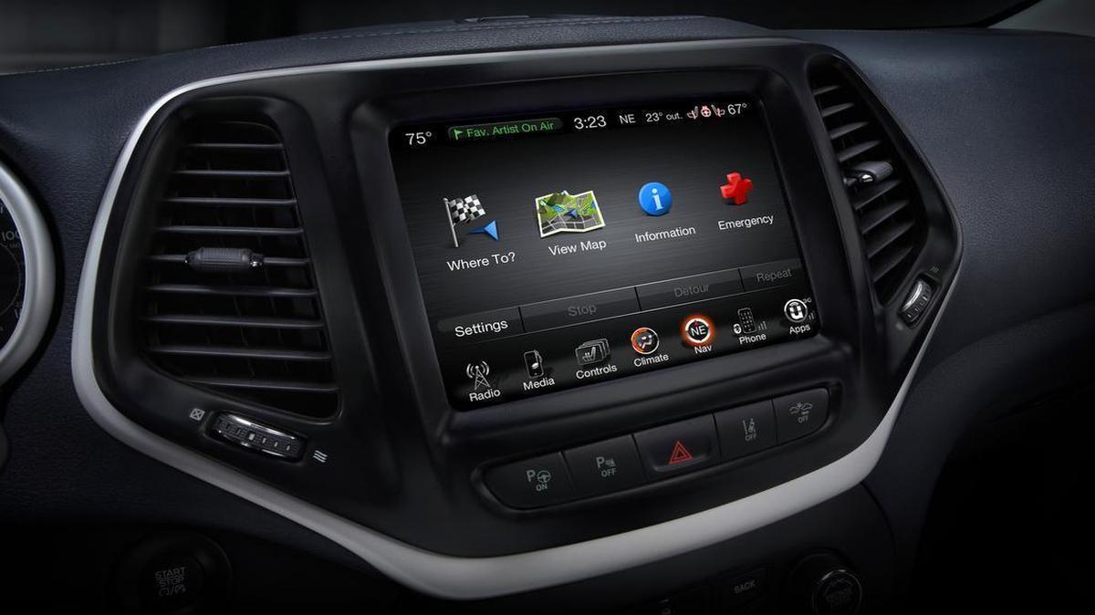 
This product image provided by Fiat Chrysler Automobiles shows the Uconnect 8.4 inch infotainment system on a 2014 Jeep Cherokee Limited. FCA on Wednesday said that it has a software fix that will prevent future hacking into the Jeep Cherokee and other vehicles. Owners of some 2013 and 2014 model year vehicles with 8.4-inch touchscreen infotainment systems can download the software from FCA's UConnect Web site and install it on their vehicles.
