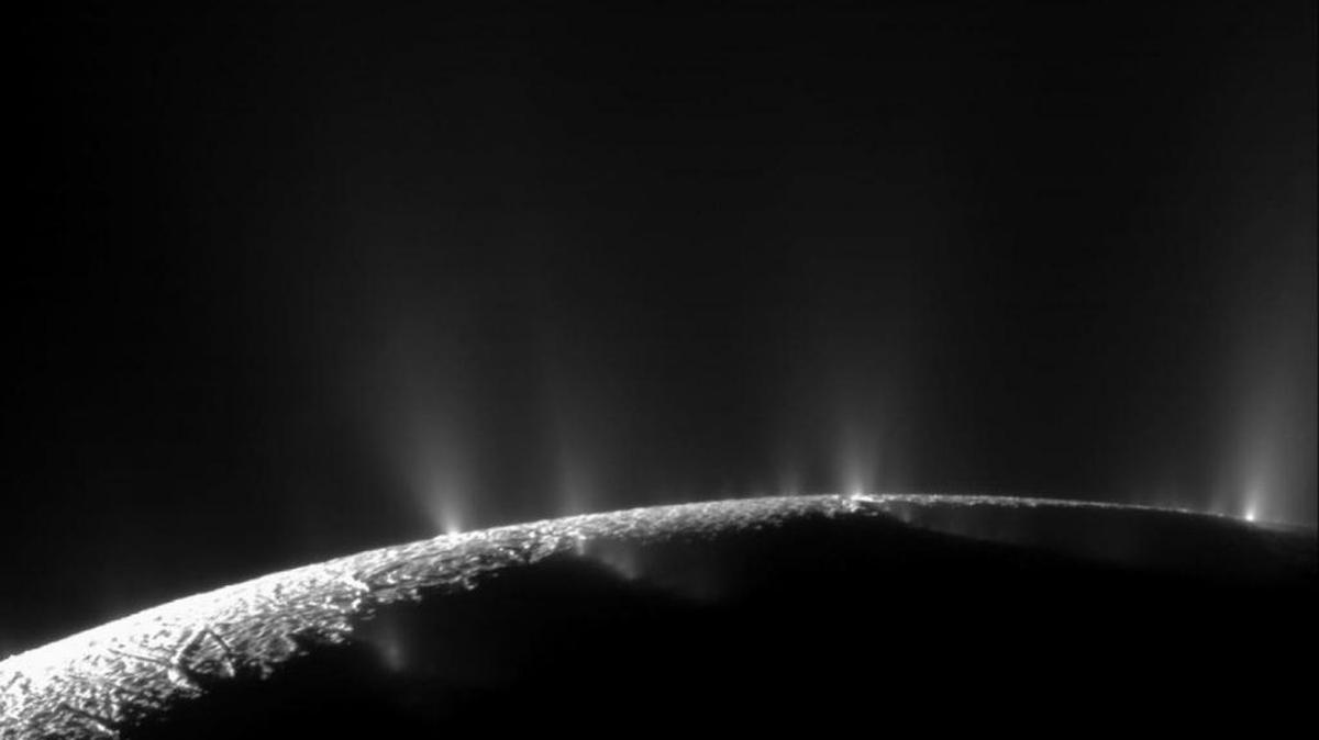A dramatic plume sprays water ice and vapor from the south polar region of Saturn's moon Enceladus. Cassini's first hint of this plume came during the spacecraft's first close flyby on Feb. 17, 2005. Google Maps has added a feature so users can see planets and moons like Enceladus online.