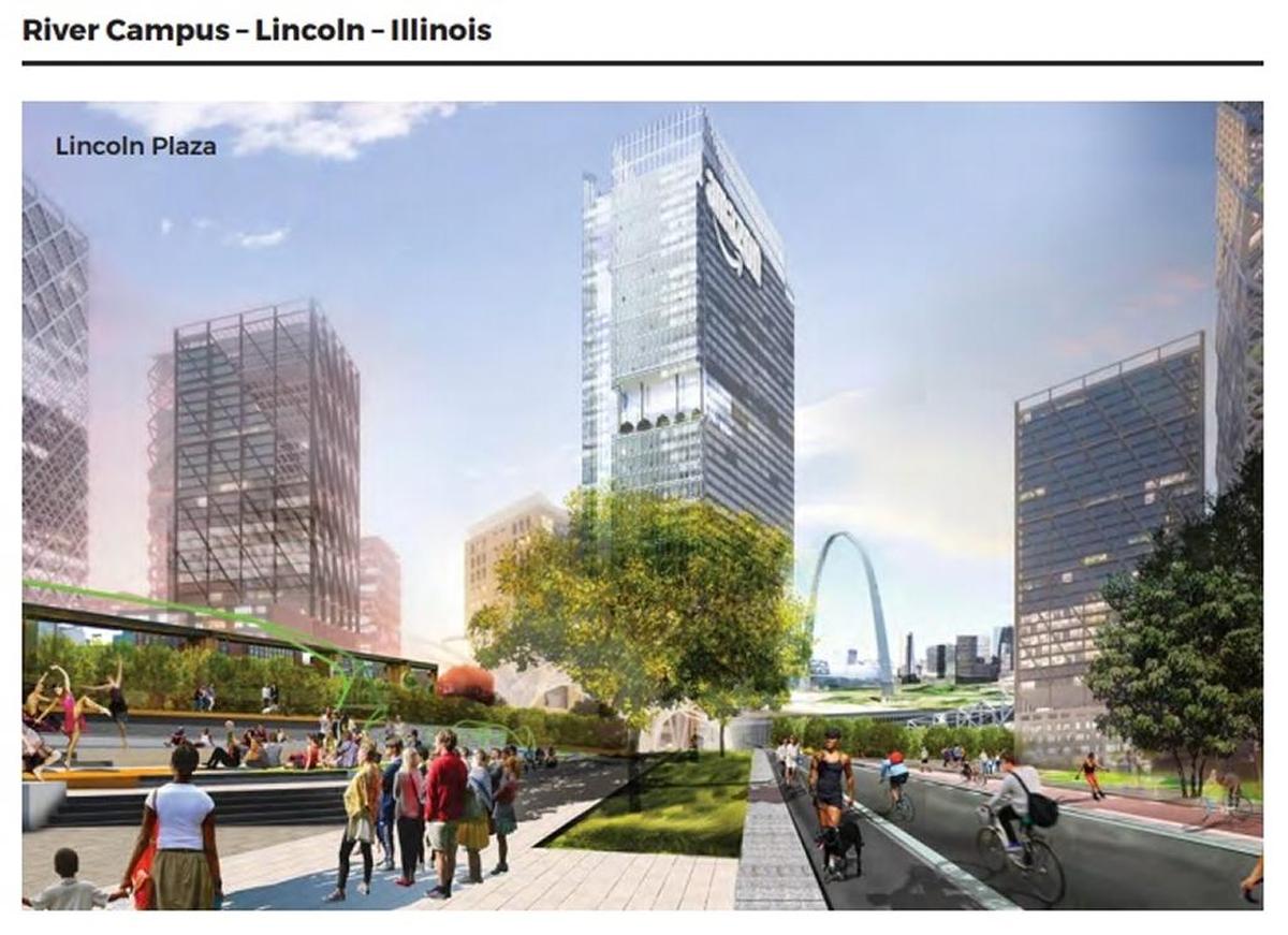 This rendering shows the Illinois side of the proposed St. Louis Amazon “River Campus” headquarters. The St. Louis region was not among the finalists in a nationwide search.