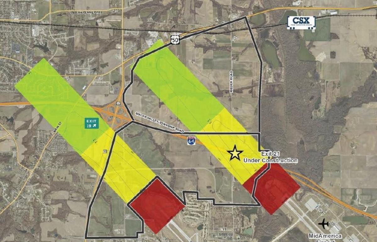 This aerial map shows the study area and Scott Air Force Base’s Accident Potential Zone and City’s Citizen Protection Zone. Development in these zones is subject to Federal Aviation Administration regulations. Development is prohibited within the red zone, significantly limited in use and density within the yellow zone and has the lightest restrictions in the green zone.