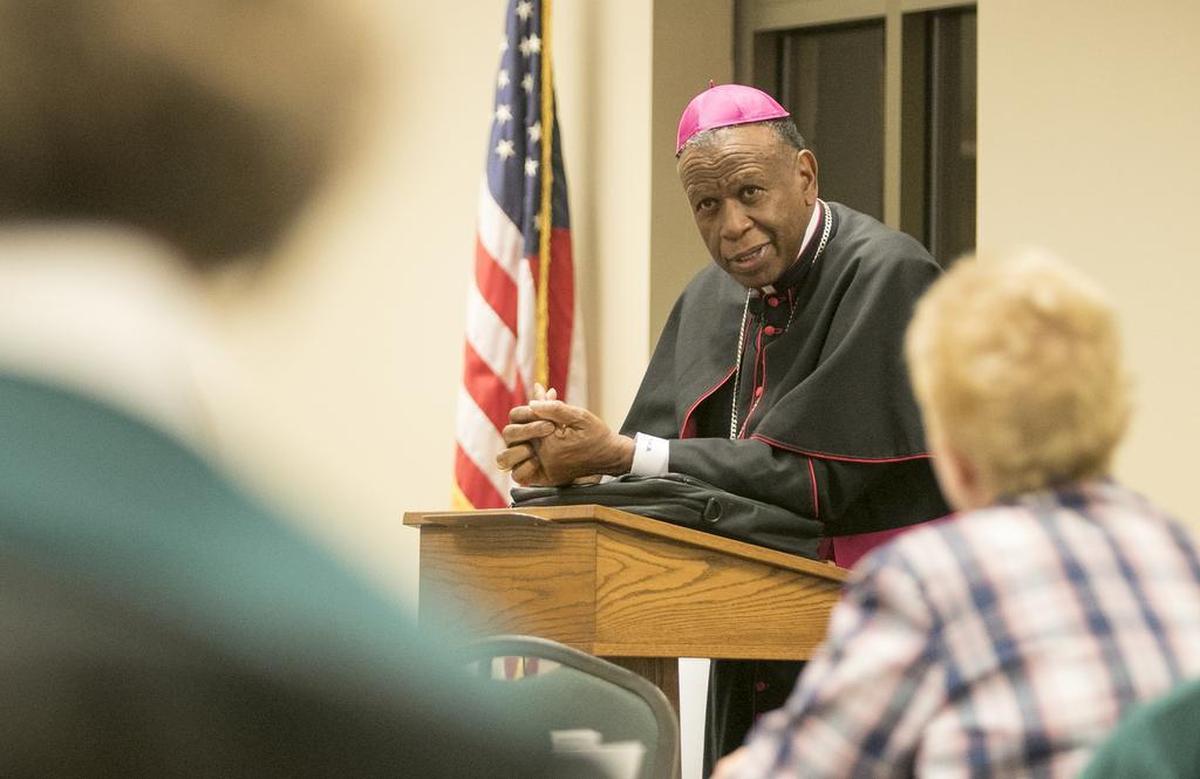 Catholic Diocese of Belleville Bishop Edward K. Braxton listens to questions and comments after a lecture on the U.S. racial divide at St. Clare Catholic Church in O’Fallon in 2018.