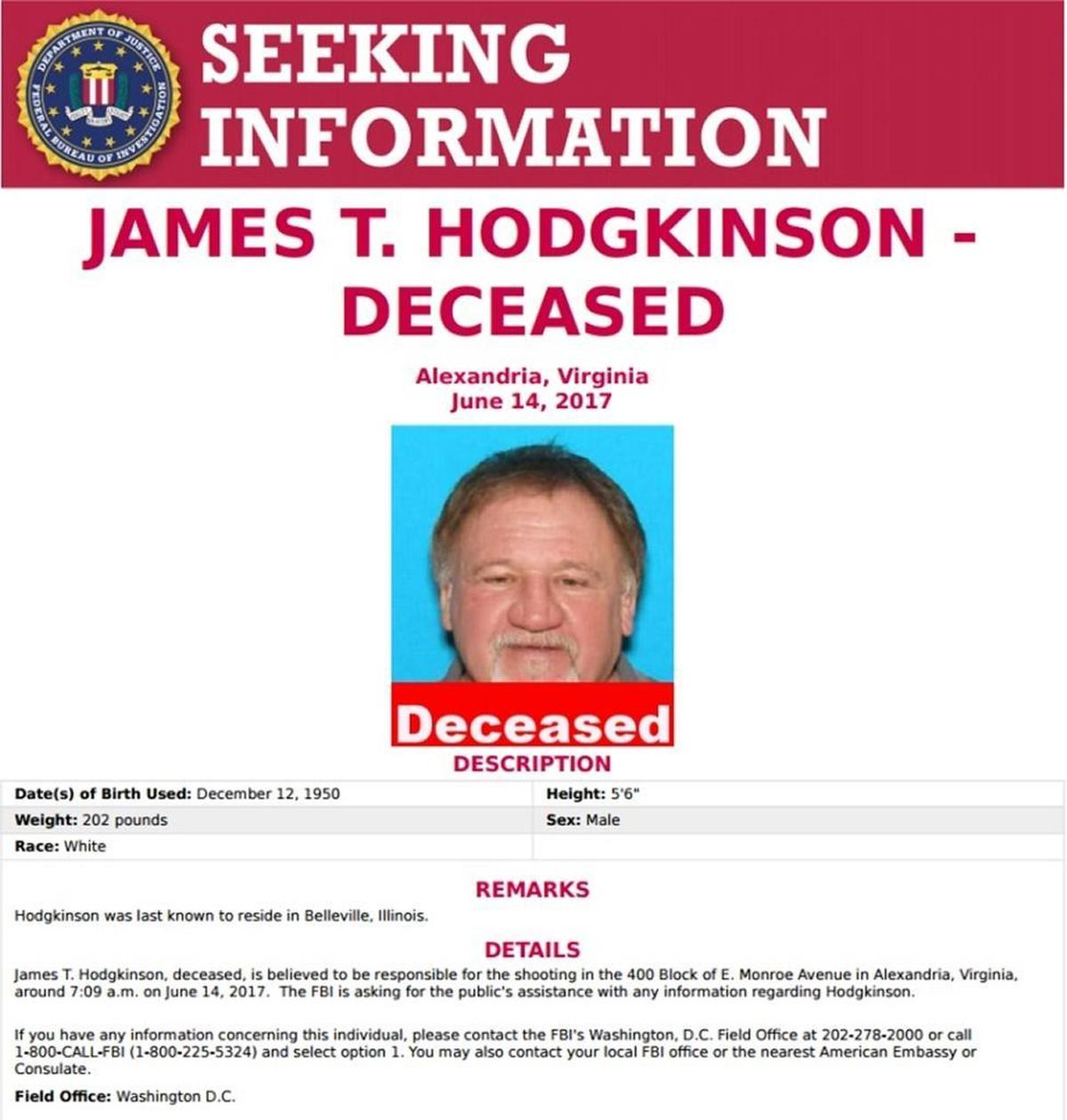 An FBI poster seeking information on deceased congressional shooter James Hodgkinson.