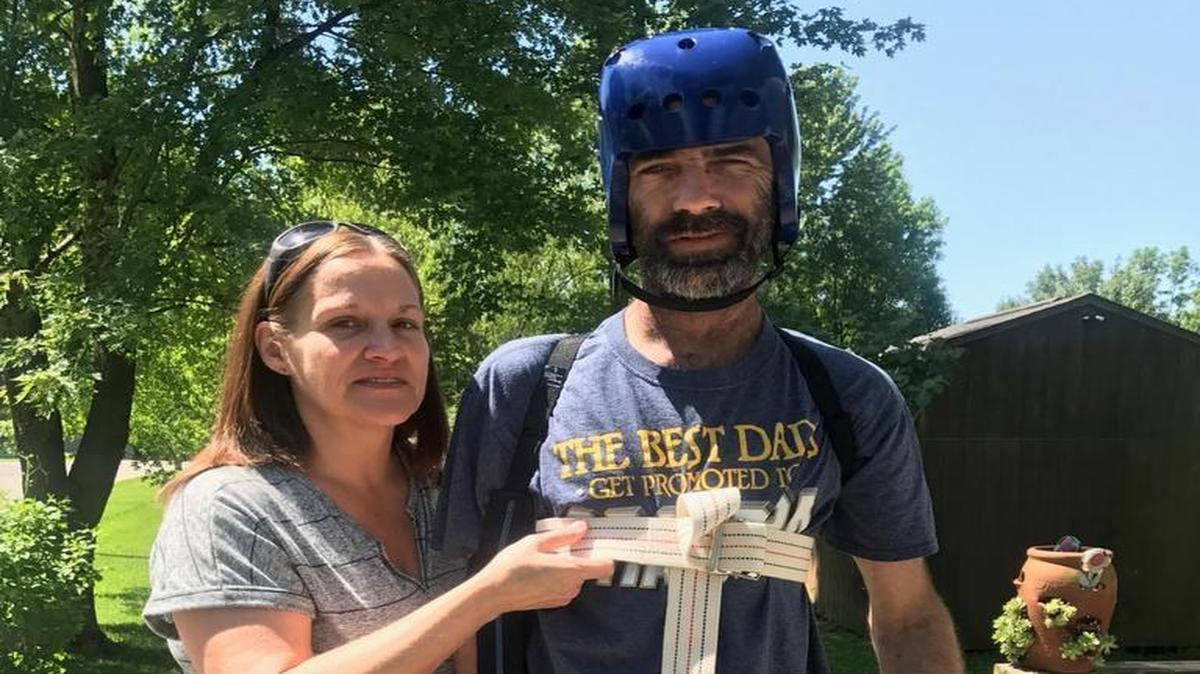 Eric Frazier was shot in the face at a meat shoot in April. He’s finally home after a month in the hospital. He has to wear a helmet to protect his skull where the bone hasn’t been replaced yet.