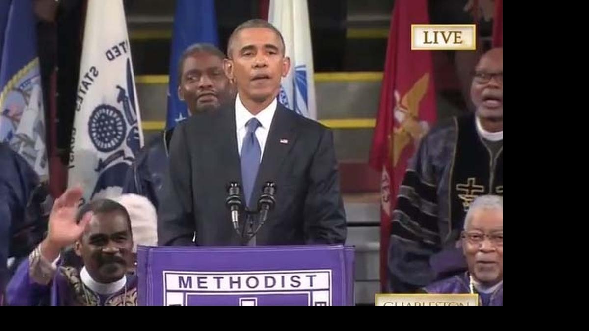 
President Obama delivering the eulogy for the slain Charleston pastor on Friday.
