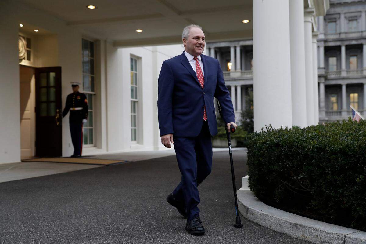 House Majority Whip Steve Scalise, R-La., walks speak with reporters after a meeting with President Donald Trump on border security at the White House, Wednesday, Jan. 2, 2019, in Washington. (AP Photo/Evan Vucci)