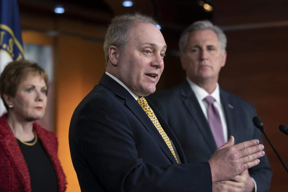 House Minority Whip Steve Scalise, R-La., flanked by Rep. Kay Granger, R-Texas, left, and House Minority Leader Kevin McCarthy of Calif., right, renewed his criticism of the Democratic leadership for not stripping Rep. Ilhan Omar, D-Minn., from the Foreign Affairs Committee in the wake of anti-semitism accusations, during a news conference at the Capitol in Washington, Wednesday, Feb. 13, 2019. (AP Photo/J. Scott Applewhite)