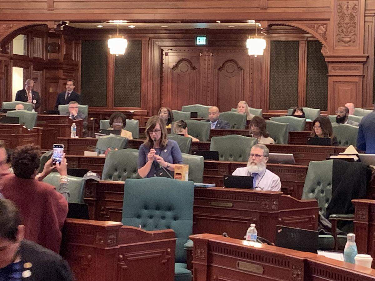 State Rep. Katie Stuart, D-Edwardsville, on Friday, May 31, 2019, discusses the ability of counties to tax marijuana as part of the cannibas legalization bill.