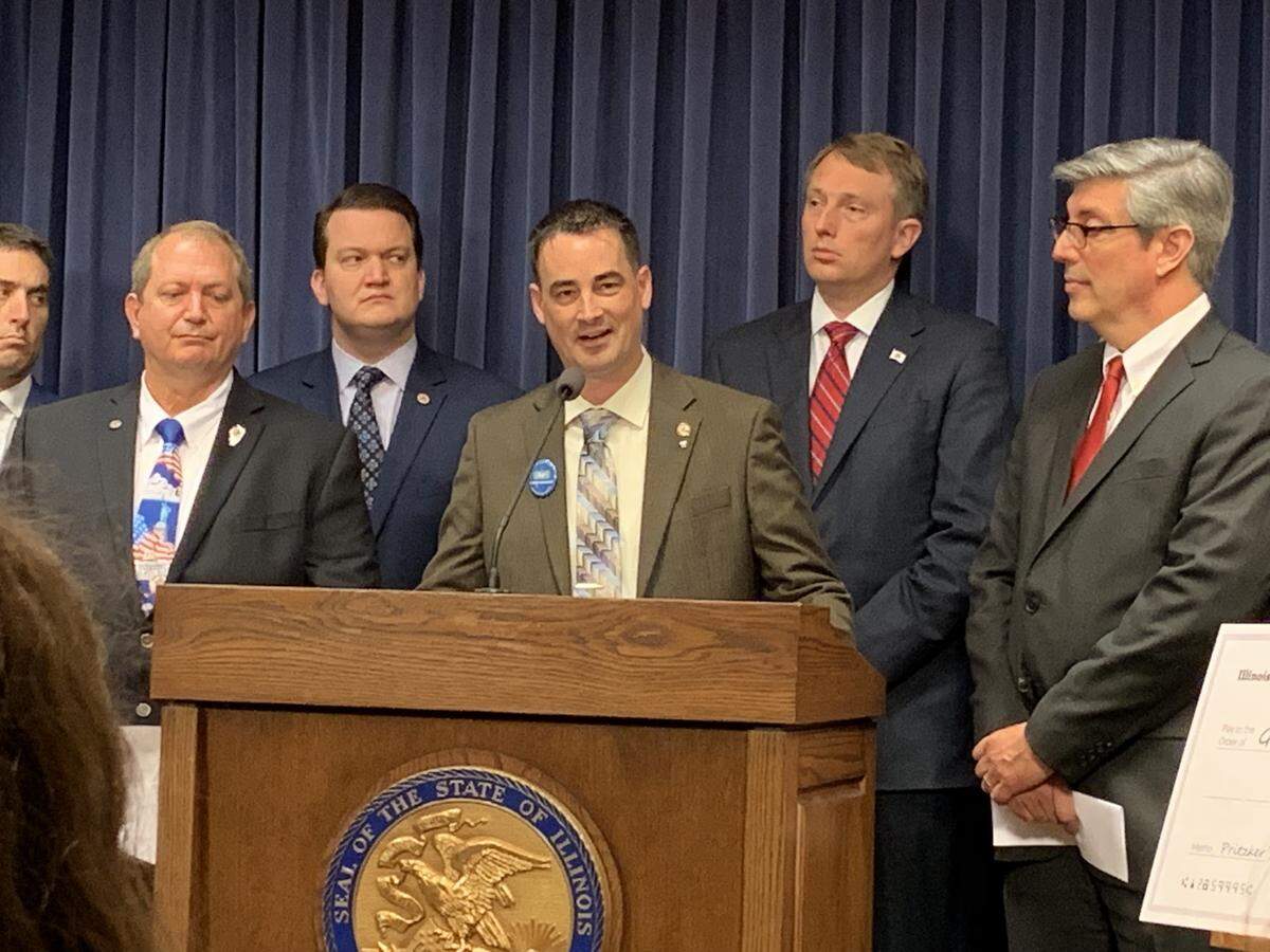 State Rep. Blaine Wilhour, R-Beecher City, speaks during a May 22, 2019 news conference in Springfield about the need for spending reforms in Illinois, rather than tax increases.