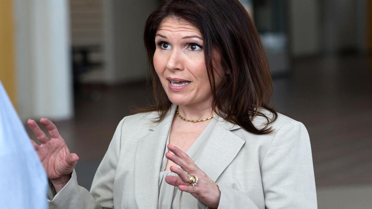 In this March 12, 2015, file photo, Illinois Lt. Gov. Evelyn Sanguinetti speaks to reporters at MidAmerica Airport in Mascoutah. Sanguinetti is chairwoman of a commission that looks to shrink Illinois government by eliminating some of Illinois’ nearly 7,000 units of government.