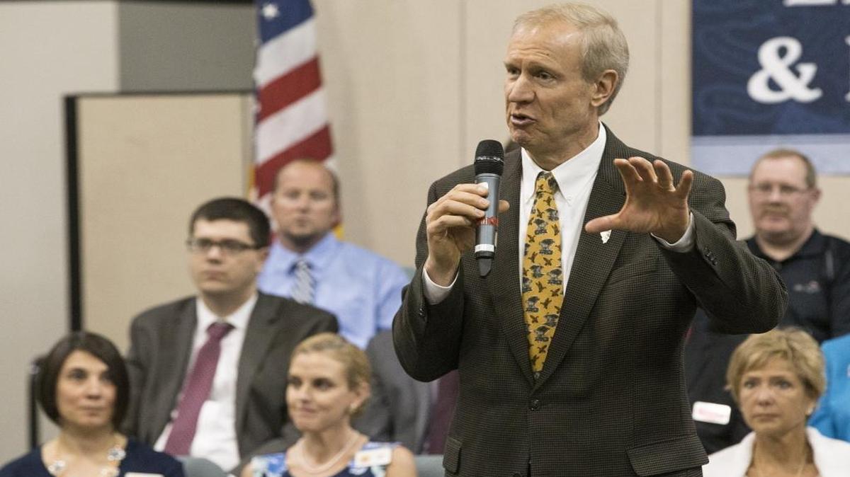 Gov. Bruce Rauner speaks to members of the Greater Belleville Chamber of Commerce on May 1, 2015.