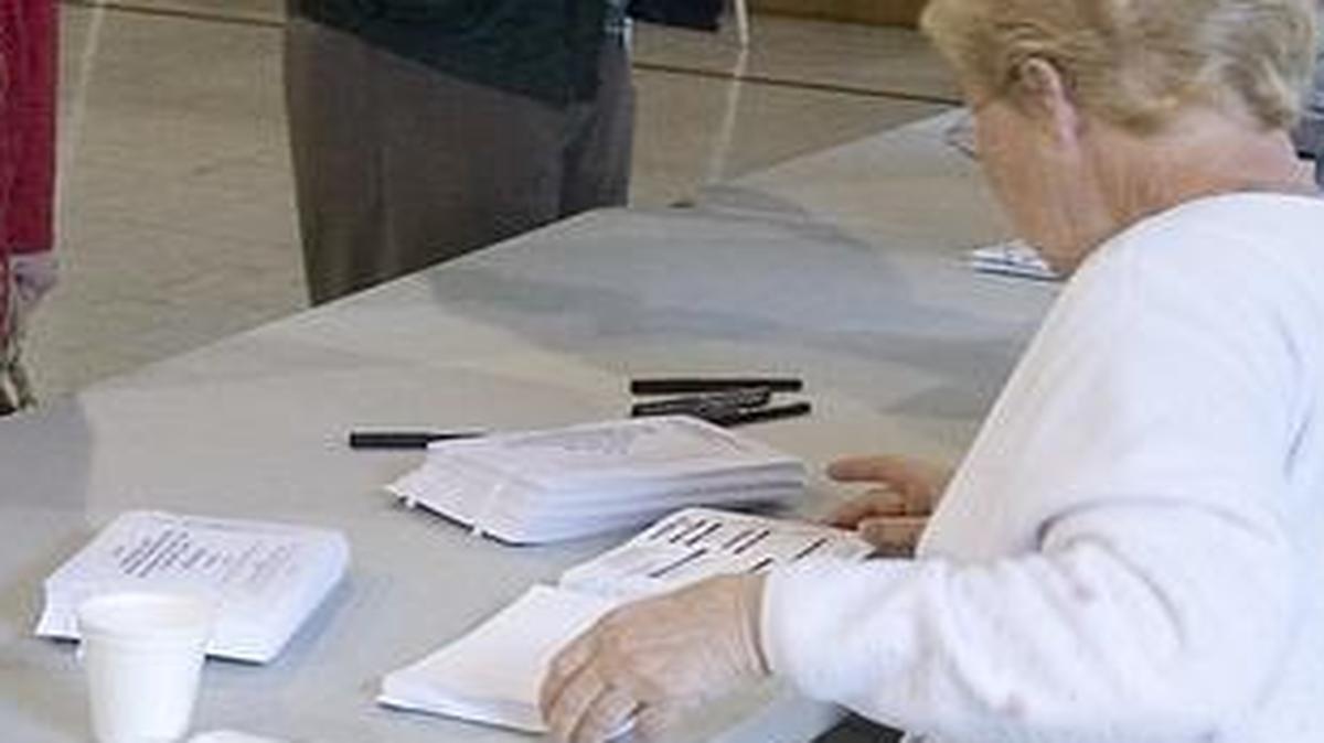 Election judges in 2009 check voters’ names and signatures against paper lists and then hand them ballots at the Douglas School gymnasium in Belleville.