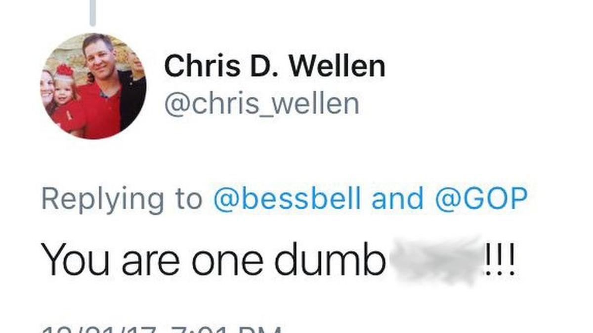 A screen shot, with the offending word removed, from Lookingglass Township Assessor Chris Wellen’s Twitter feed. He was angry at Bess Kalb, a writer from Jimmy Kimmel Live, when he called her the “c-word.”