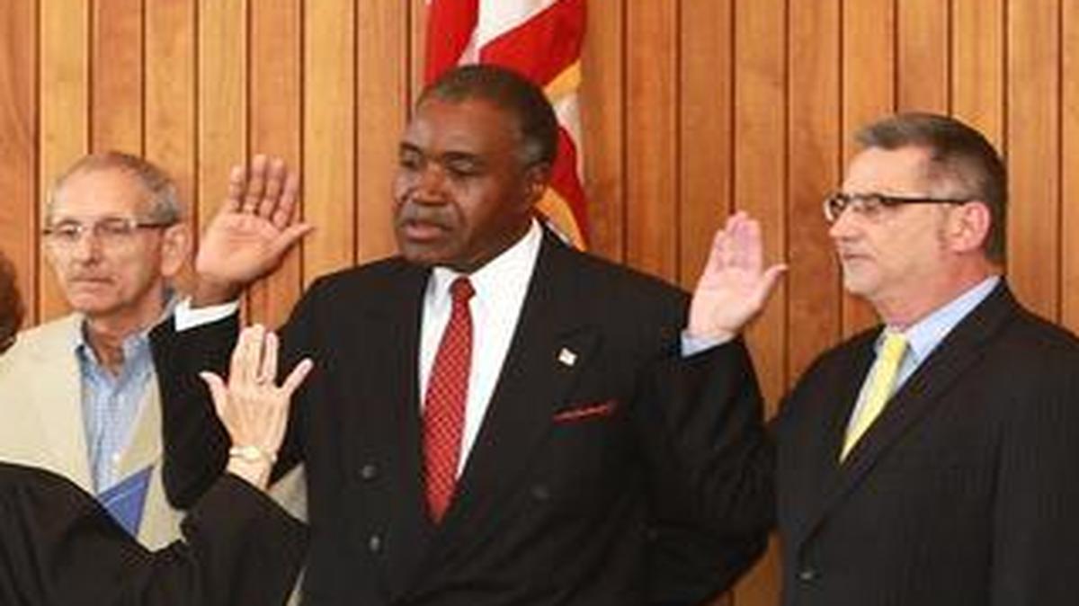 Retired St. Clair County Judge Annette Eckert on May 1, 2013, swore in Belleville aldermen James Musgrove, Trent Galetti, Bob White, Phil Silsby, Johnnie Anthony, Kent Randle, Janet Schmidt and Ken Kinsella. White and Schmidt are the only ones not participating in the city pension plan. Alderman Joe Hazel also gets a city pension contribution.