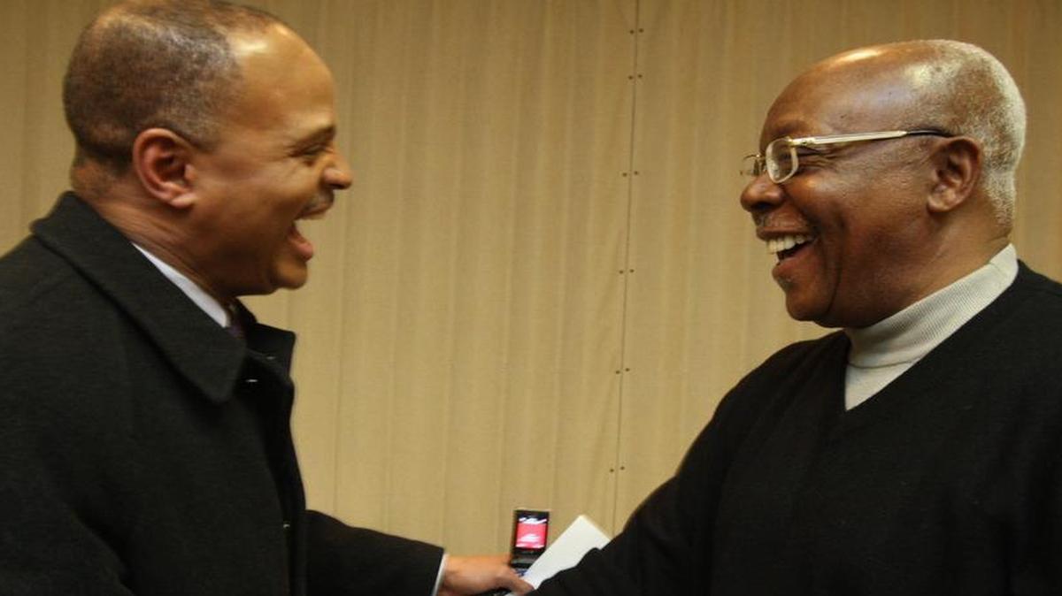 State Rep. Eddie Lee Jackson, right, in 2010 laughs with former East St. Louis mayor Alvin Parks Jr. Jackson’s daughter, Emeka Jackson-Hicks, defeated Parks for mayor. Now Jackson is leaving office and the party wants to replace him with Councilwoman Latoya Greenwood, who voted to make Parks city manager and thwarted Mayor Jackson-Hicks’ reforms.