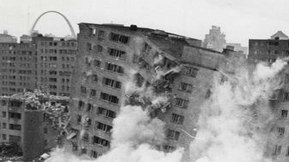 The Pruitt-Igoe public housing complex segregated 13,000 residents in the 1950s and was a failed federal experiment. It was demolished in 1972.