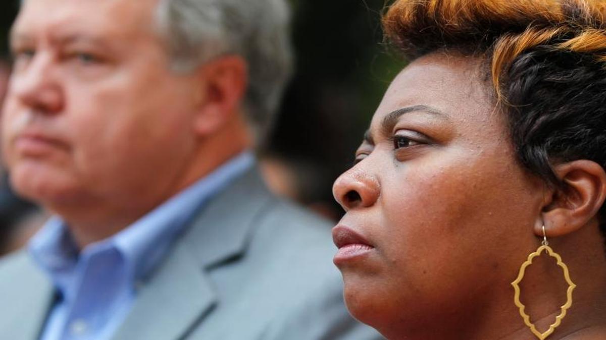 State Reps. Jay Hoffman D-Swansea, and LaToya Greenwood, D-East St. Louis, speak during a press conference about the Illinois state budget on Wednesday outside the St. Clair Building in Belleville.