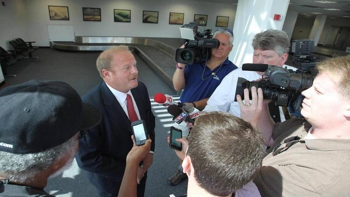 St. Clair County Board Chairman Mark Kern in 2012 when Allegiant Air announced its return to passenger service at MidAmerica St. Louis Airport. County leaders refinanced about $40 million in airport debt over 30 years at a total cost of $88 million.