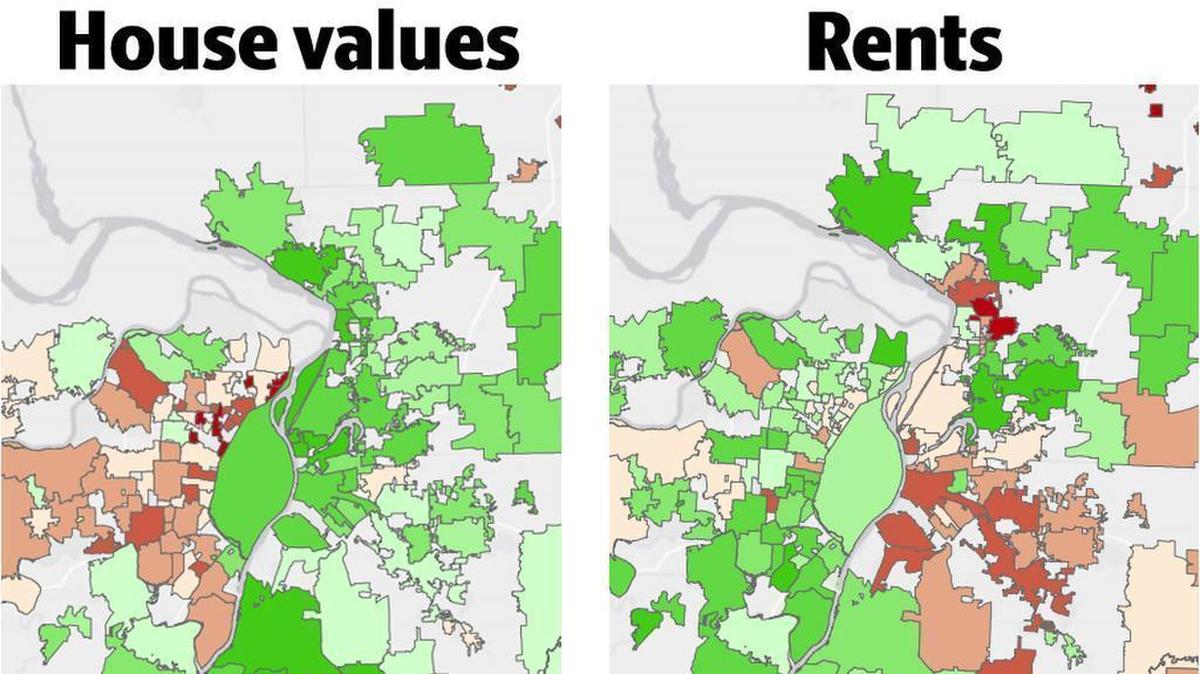 House values were rising in Illinois while rents were dropping during the past year, according to data from Zillow. Brown areas are down and green areas are up in prices or values.