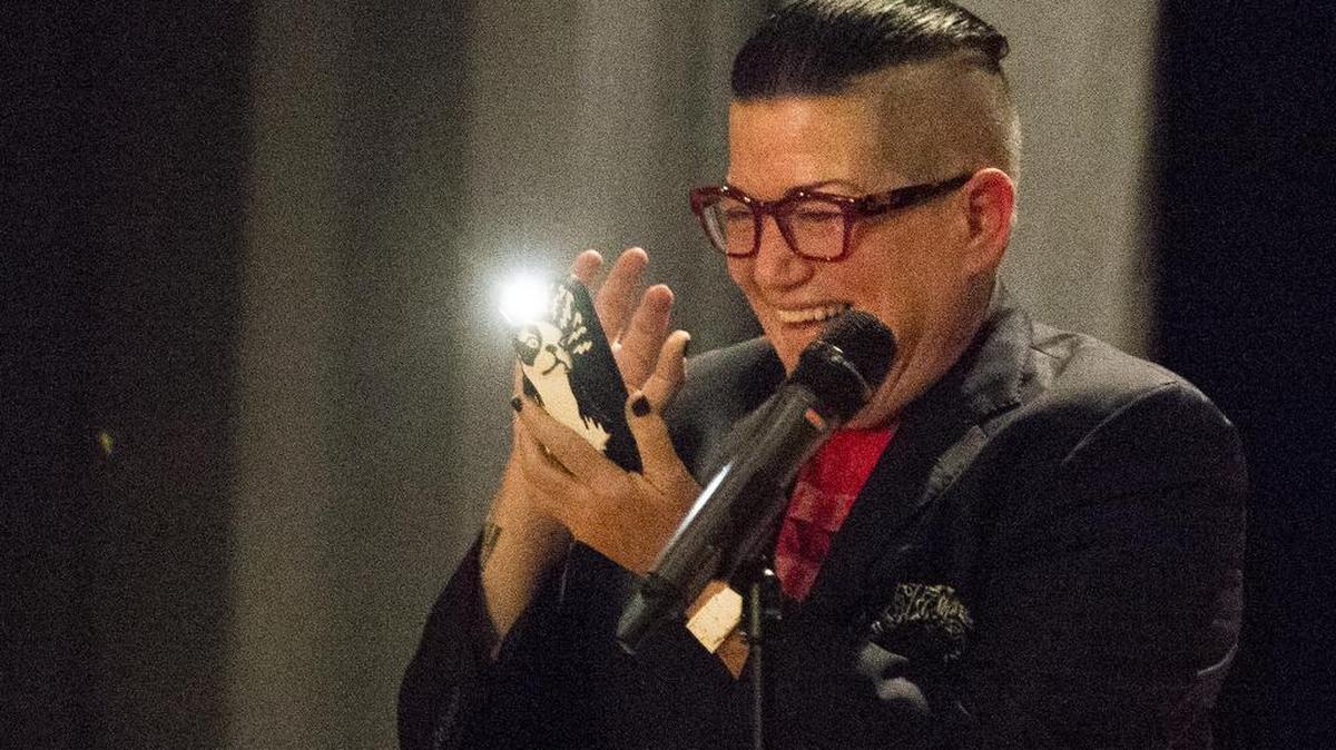 
Lea DeLaria takes a video of the crowd for her instagram, @realleadelaria, during her engagement Tuesday night at Lindenwood University-Belleville as part of their speaker series.
