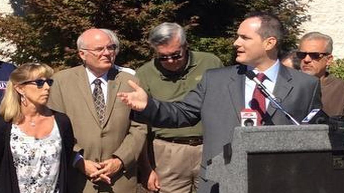 
Former Collinsville Area Recreation District board chairman Andrew Carruthers speaks with a bipartisan group of mayors and other leaders in favor of a proposal to dissolve the park district.
