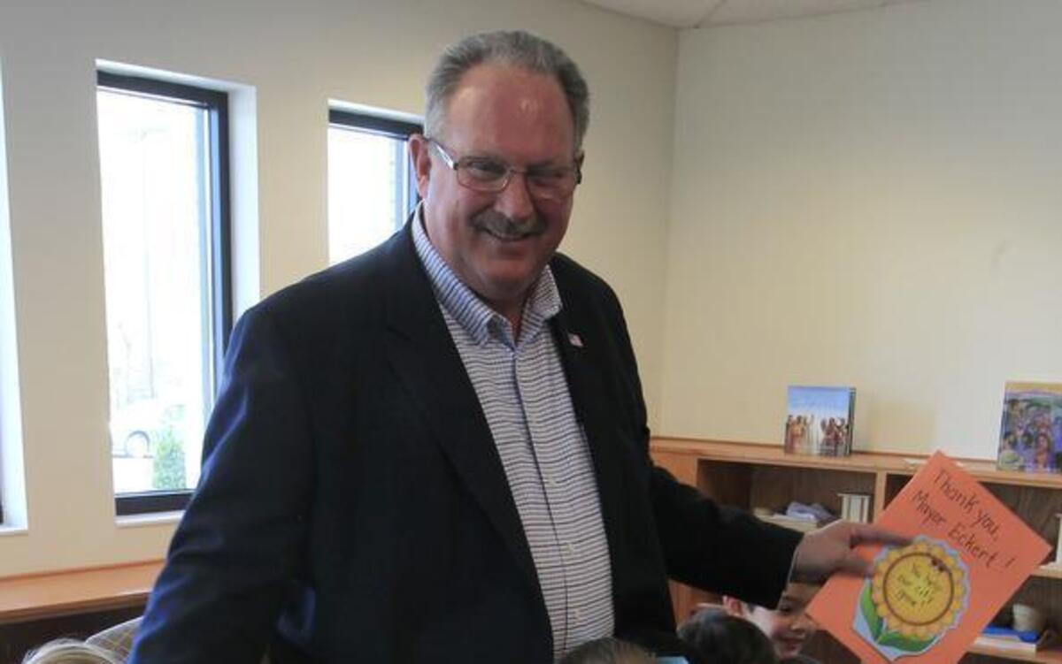 Say what you will about the state of Belleville, but even his vocal young challenger says Mayor Mark Eckert cares deeply about the city. Here he was a guest reader at the daycare at the First United Presbyterian Church, 1303 Royal Heights Road in Belleville.