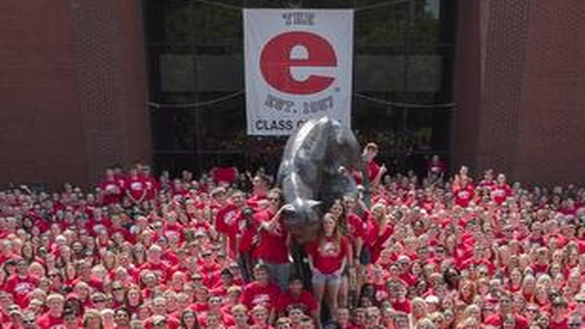 The current freshman class at Southern Illinois University Edwardsville took a group photo. Their professors want to form a union so they have a say in the cuts affecting the students’ education.
