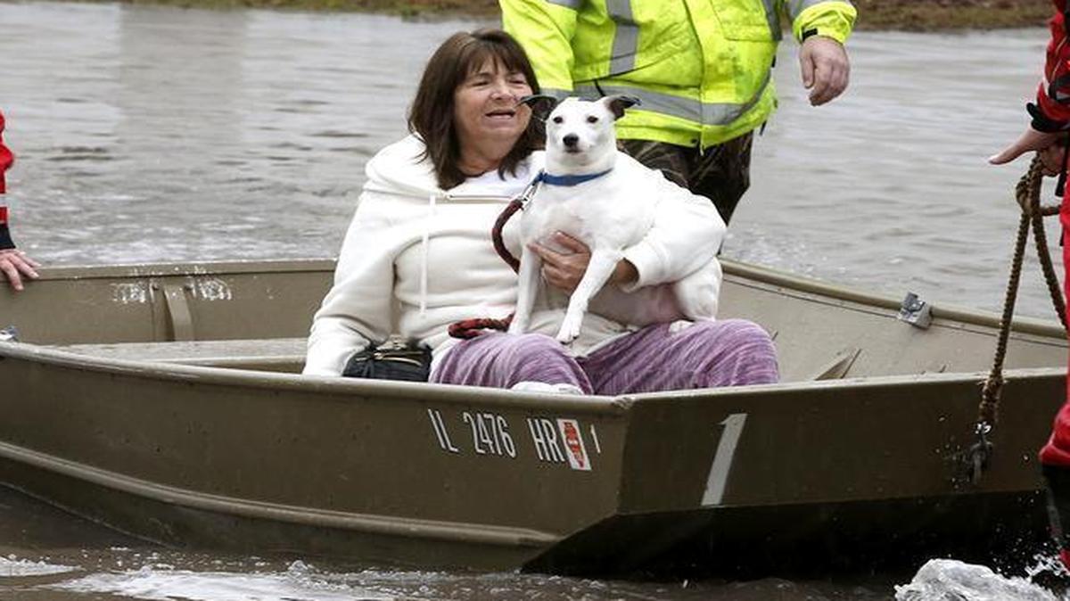 Virgie Howard and her dog, Jack, get help from a boat as the Long Lake and Madison fire departments evacuate her Monday from the Mallard Lake subdivision in Pontoon Beach.