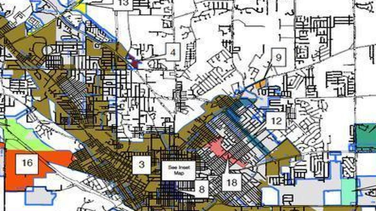 Belleville’s map of Tax Increment Financing districts includes District 3 in brown, covering much of the city.
