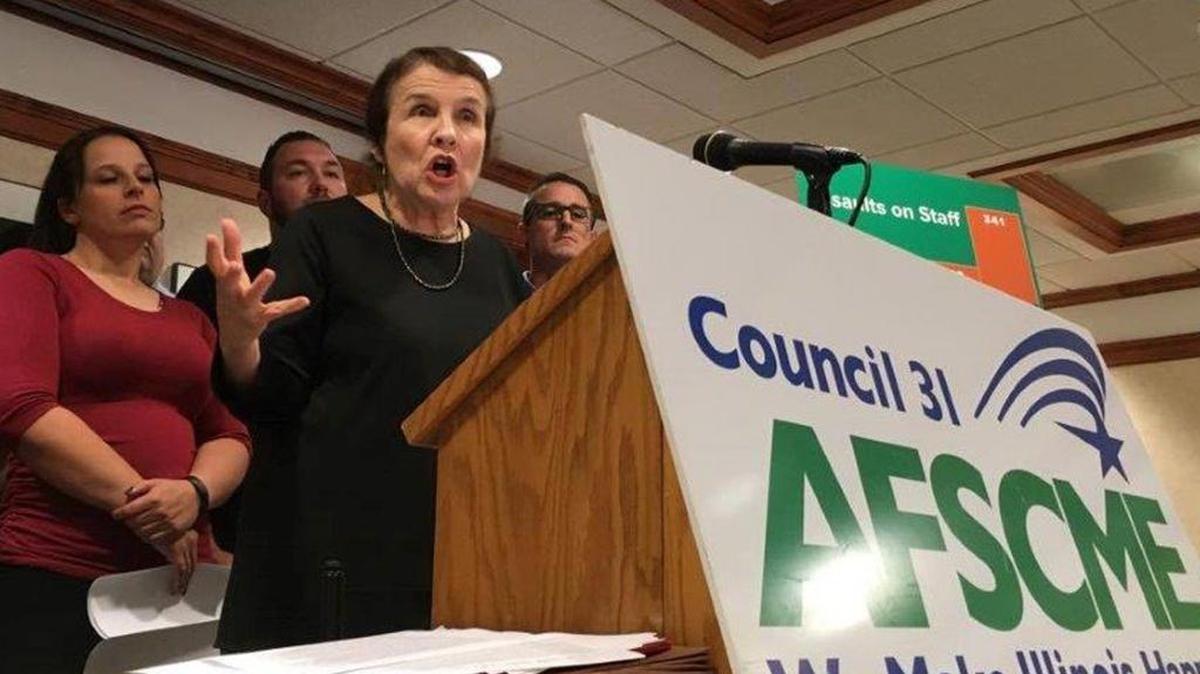 American Federation of State, County and Municipal Employees (AFSCME) Council 31 Executive Director Roberta Lynch speaks at a news conference Thursday, Oct. 12, 2017, in Springfield.