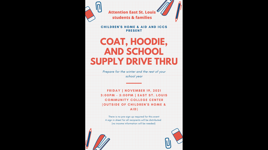 East St. Louis Community College Center will host a coat, hoodie and school supply drive thru on Nov. 19