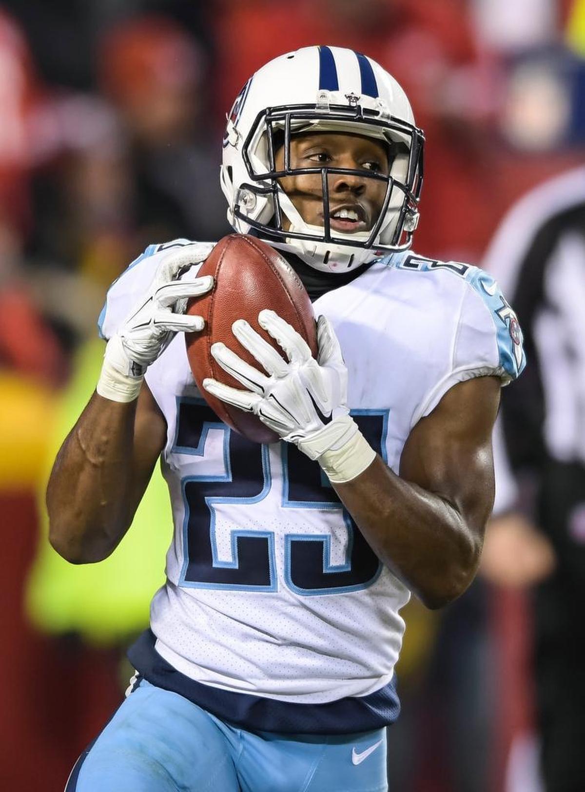 Tennessee Titans cornerback Adoree' Jackson (25) takes a kick-off against the Kansas City Chiefs during the second half of an NFL wild-card playoff game in Kansas City, Mo., Saturday, Jan. 6, 2018.
