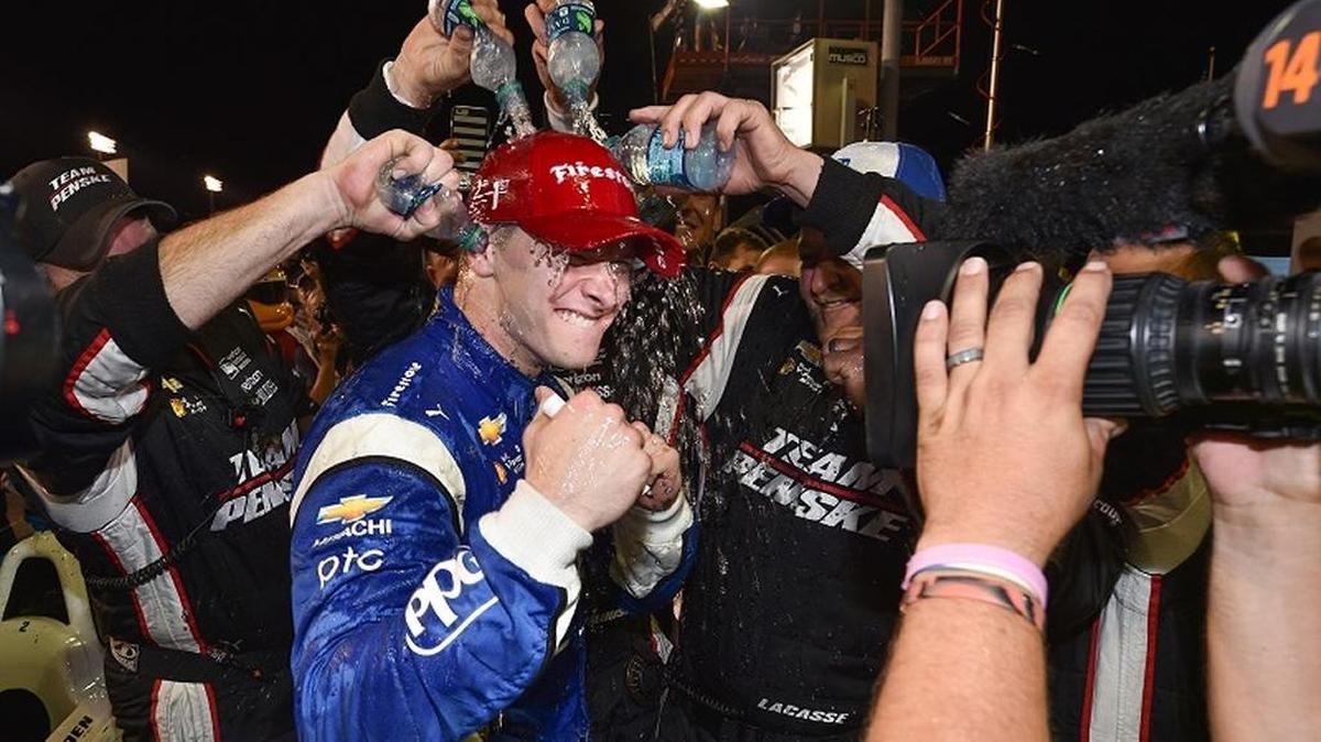 Josef Newgarden celebrates his victory at the 2017 Bommarito 500, the first open-wheel race at Gateway Motorsports park in 14 years.