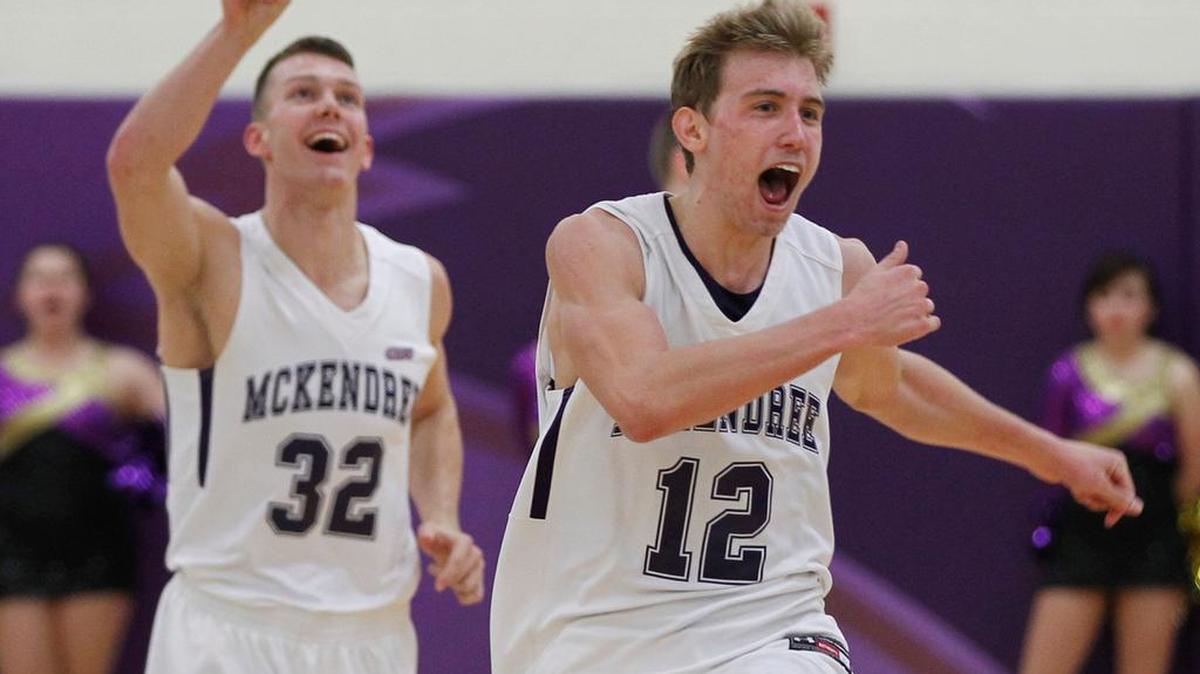 McKendree's (32) Brian Koch and Nate Michael react after ther win over Wisconsin-Parkside on Thursday.