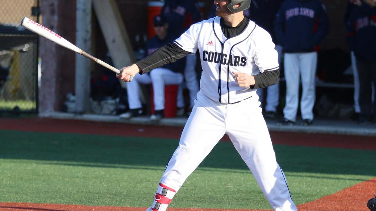 SIUE first baseman Keaton Wright stands in the batter’s box ready to hit for the Cougars. Wright got a hit in three at-bats and drew a walk in Saturday’s game.