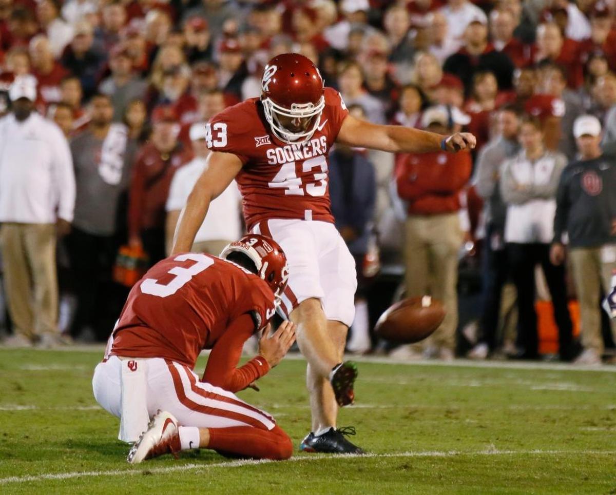 Oklahoma place kicker Austin Seibert kicks a point-after-touchdown during the Sooner’s game with TCU on Nov. 11.