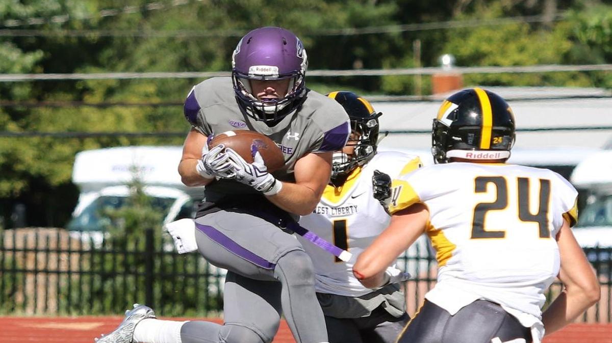 Sean Dowling catches the go-ahead touchdown pass in the second overtime of McKendree’s 16-15 win Saturday at home against West Liberty.